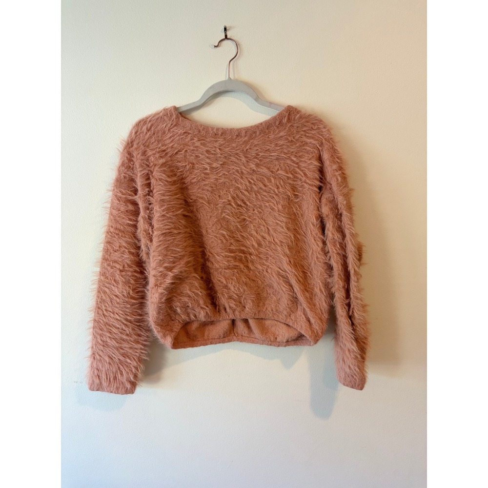 Zara Womens Medium Fuzzy Eyelash Knit Sweater Dusty Rose Pink Cropped Pullover
